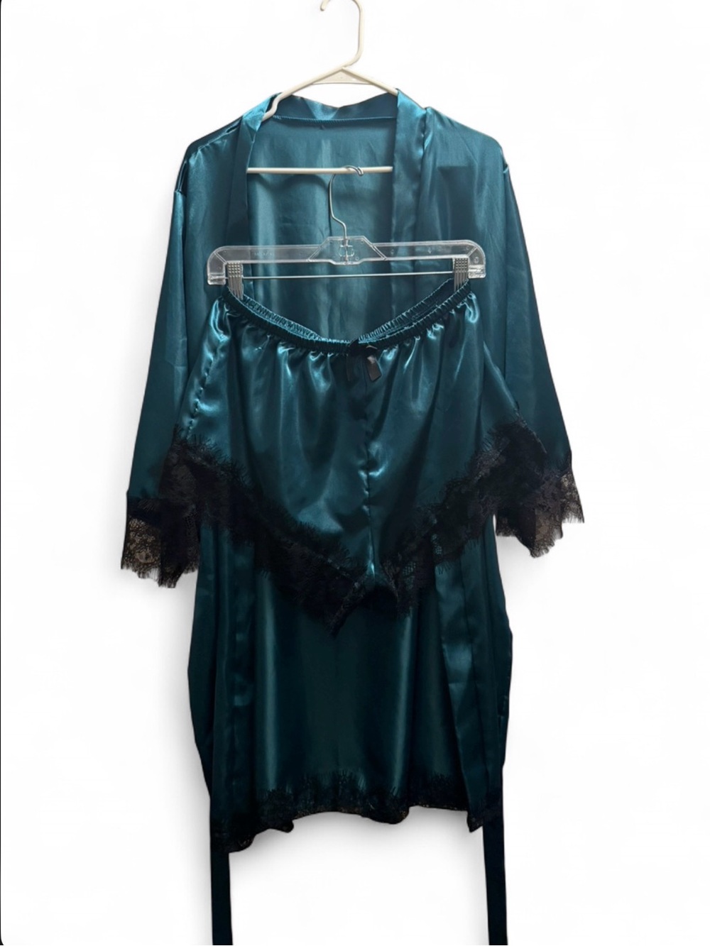 Emerald Satin Lace Pajama Set Robe + Shorts Lingerie Silk Sleepwear